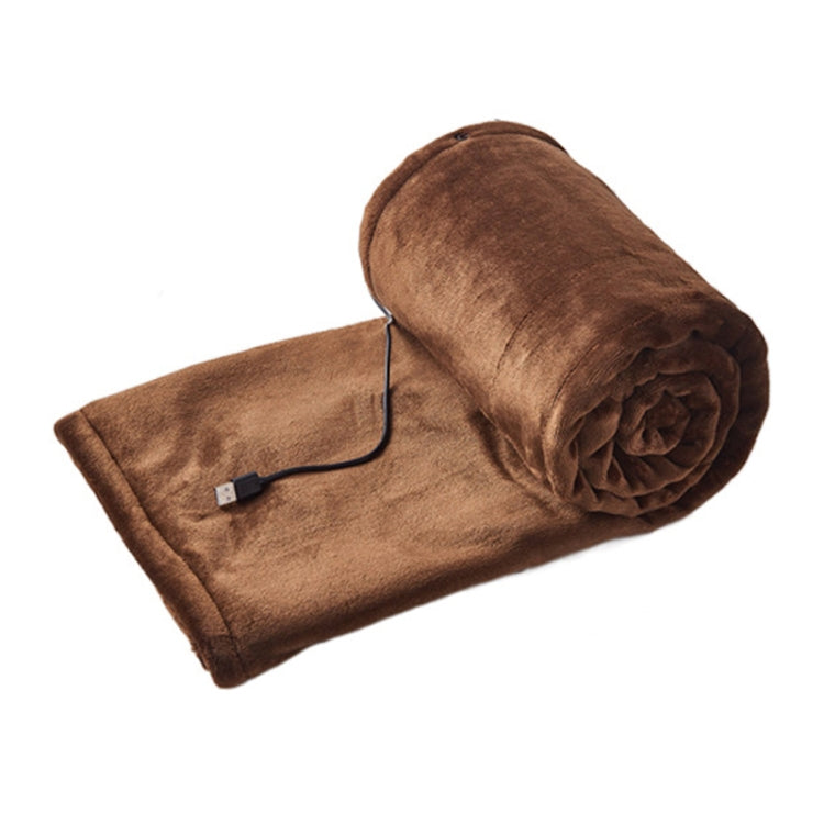 Coffee USB electric heating blanket, folded blanket and attached black controller cord