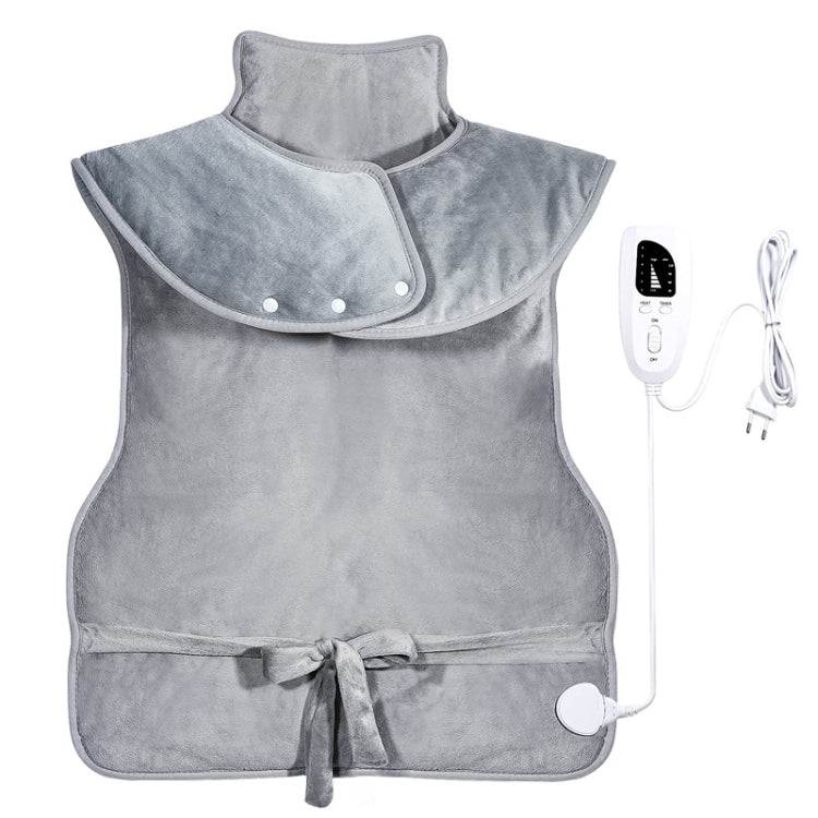 Heated shoulder and neck guard vest in gray with snap collar, tie waist, and controller cord