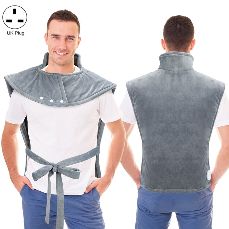 Heated shoulder and neck guard vest with snap collar and tie belt, worn front/back view