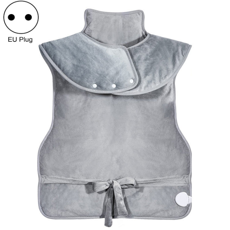 Heated shoulder and neck guard vest in gray with snap collar and tie waist, front view