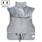 Heated shoulder and neck guard vest in gray with snap collar, tie belt, and control module
