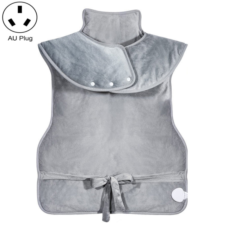 Heated shoulder and neck guard vest in gray with snap collar and tie waist, front view