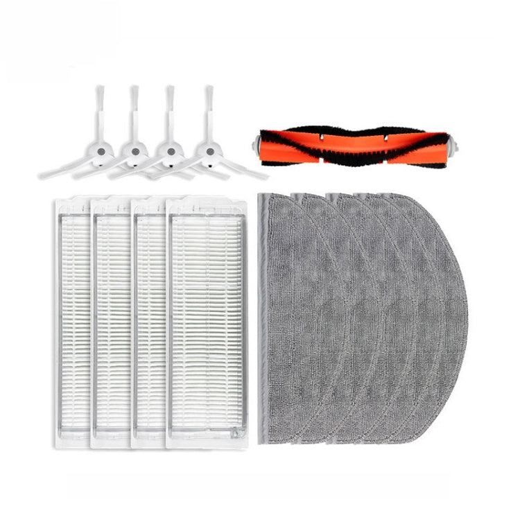 Vacuum cleaner accessory kit with filters, side brushes, main brush, and cloth
