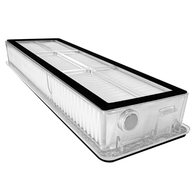 Rectangular vacuum filter cartridge with white pleats, clear housing, and black rim