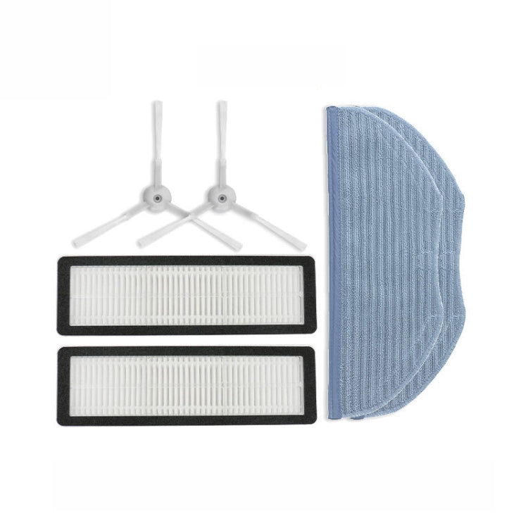 Robot vacuum accessory set: side brushes, white filter pads, and blue microfiber pad