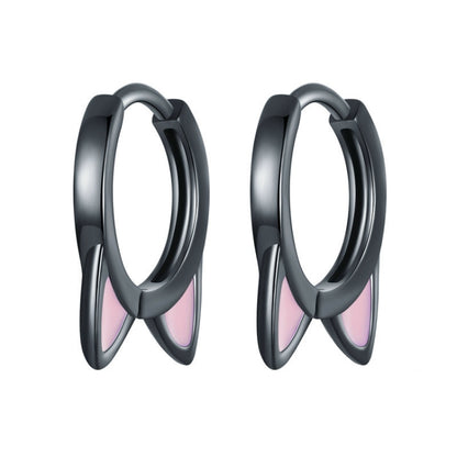 Cat-ear hoop earrings, dark silver metal with pink inner accents, pair
