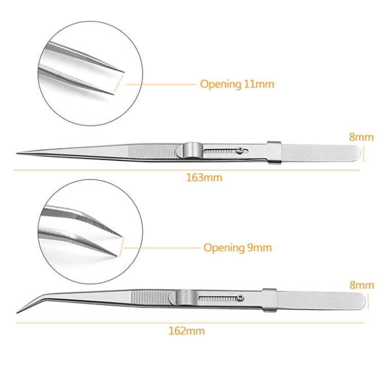 Stainless steel slotted tweezers with straight and curved tip openings, size chart
