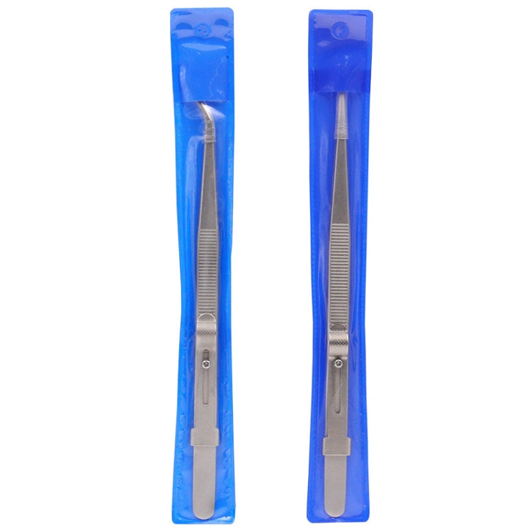 Two slotted stainless steel jewelry tweezers packaged in blue plastic holders