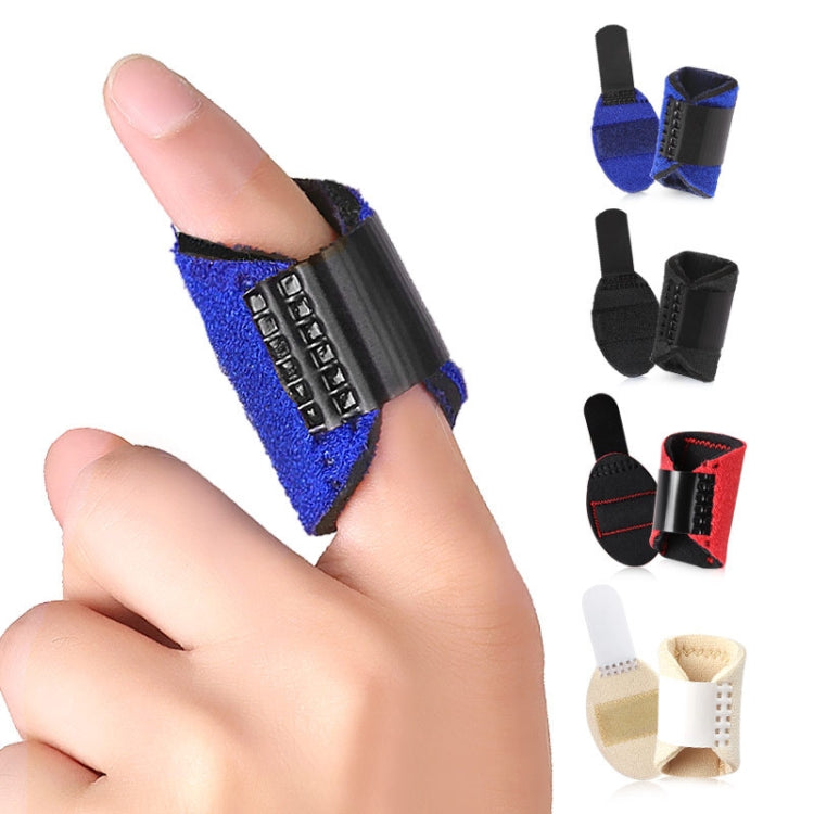 Blue finger strap protector worn on finger, padded guard with adjustable strap