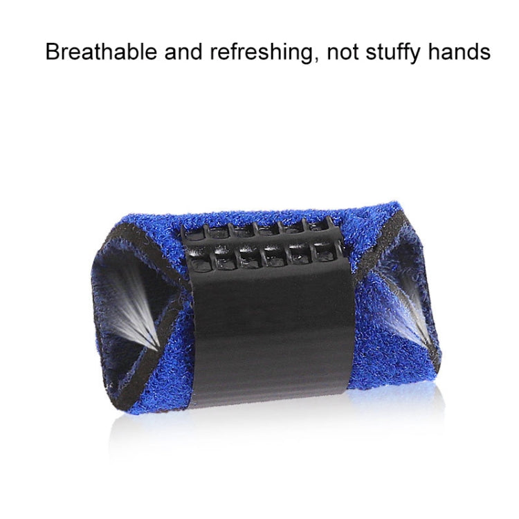 Blue finger strap protector close-up with black perforated stabilizer pad