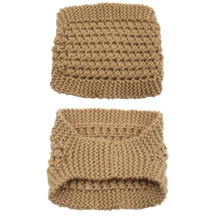 Pair of knitted ear warmers, tan and camel, ribbed knit wide bands