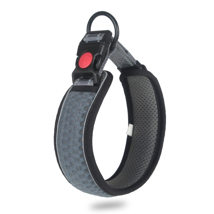 Breathable honeycomb dog collar with gray mesh, black trim, buckle and D-ring