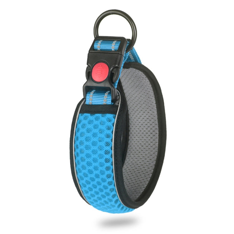 Breathable honeycomb dog collar with blue mesh, black trim, buckle and D-ring