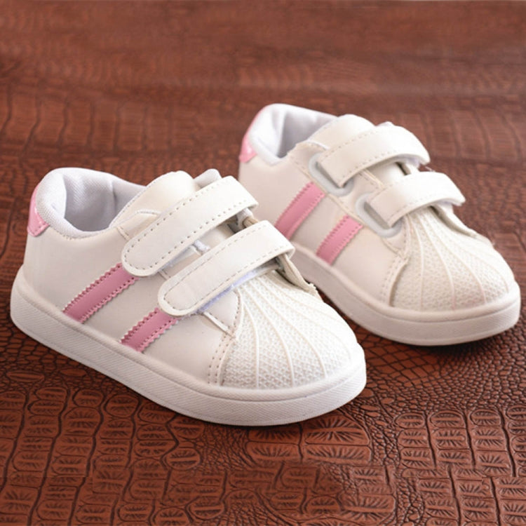 Children's white sneakers with pink side stripes and double hook-and-loop straps