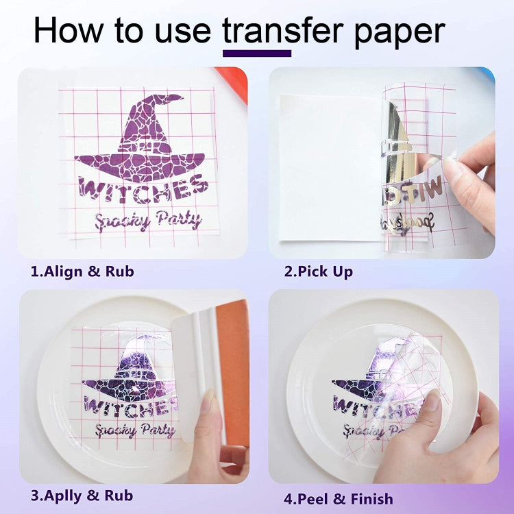 Clear transfer grid film and white backing showing alignment, pickup, peel, finish steps