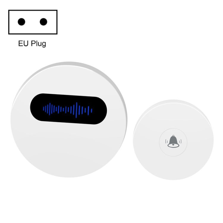 White round wireless doorbell with EU plug, black sound slot and small chime button