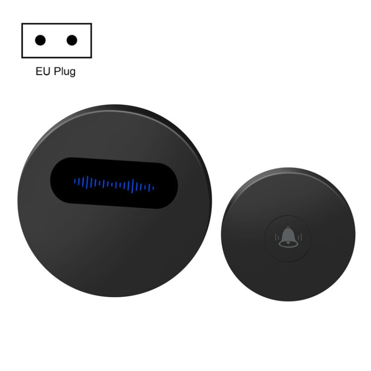 Black round wireless doorbell with EU plug, black sound slot and small chime button
