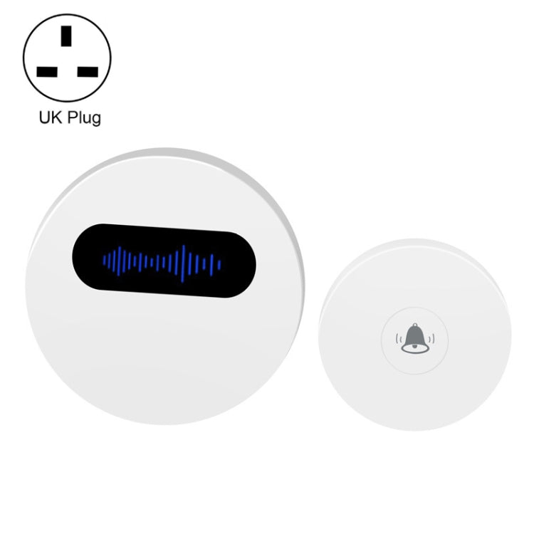 White round wireless doorbell with UK plug, black sound slot and small chime button