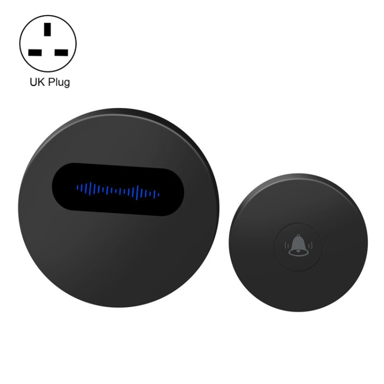 Black round wireless doorbell with UK plug, black sound slot and small chime button