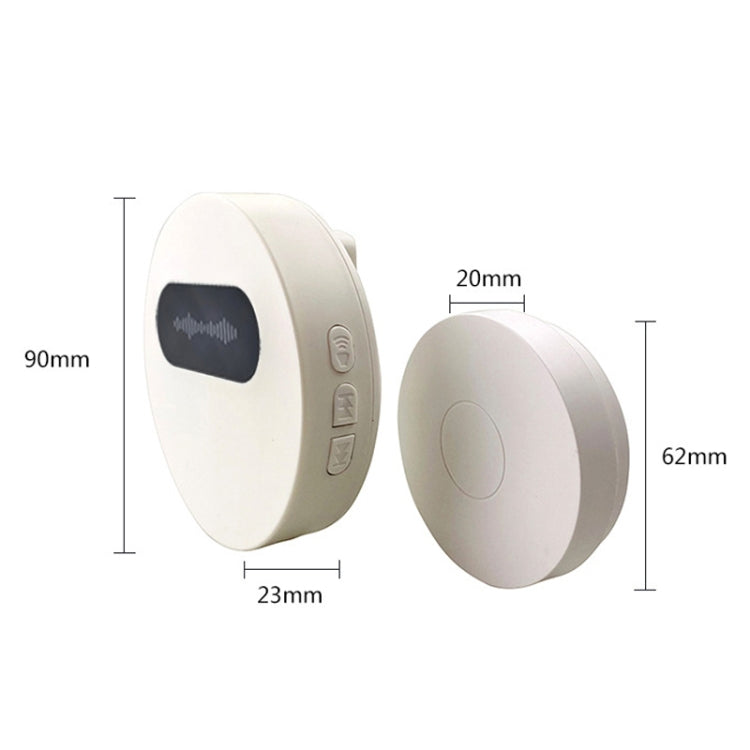 White wireless doorbell with front and side views, buttons on the side panel