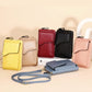 Multi-color crossbody wallet bags with front flap and shoulder straps.
