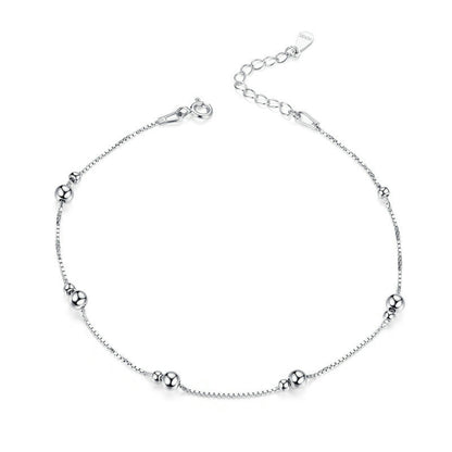S925 silver-tone anklet with small round ball charms and spring-ring clasp