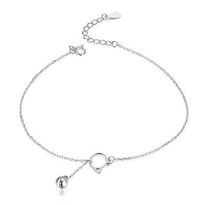Silver cat bell anklet with circular ring clasp and dangling bell charm