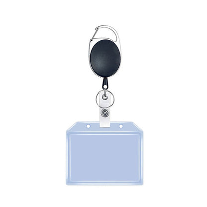 Retractable waterproof card case keychain with round reel and blue card sleeve