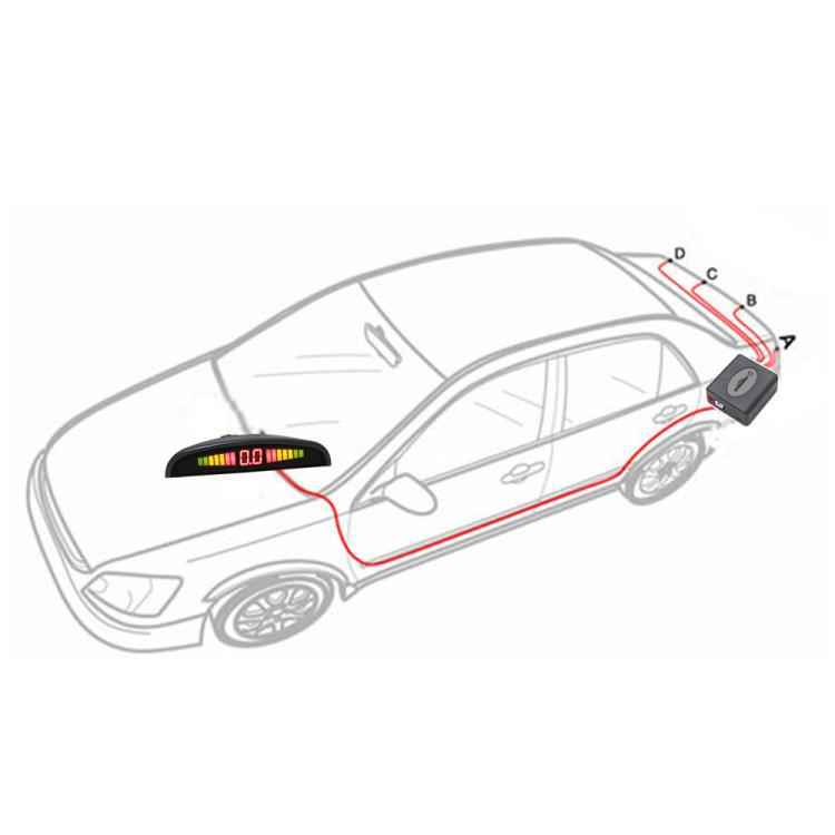 Car parking sensor system layout diagram with control box and wiring placement on vehicle