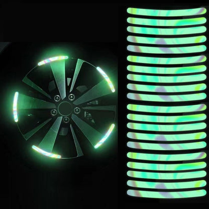 Set of rainbow luminous wheel hub reflective stripe stickers with green glow