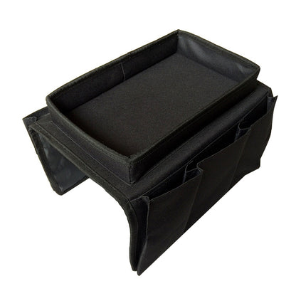 Black sofa armrest hang storage bag with padded tray and side pockets