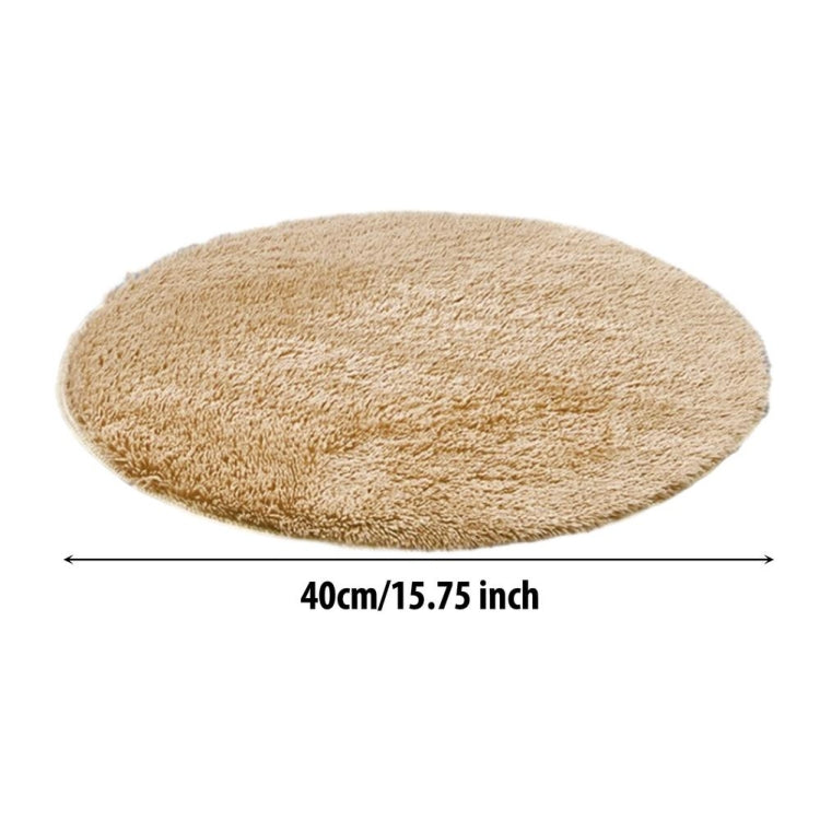 Beige round plush pet electric heating pad with width measurement line