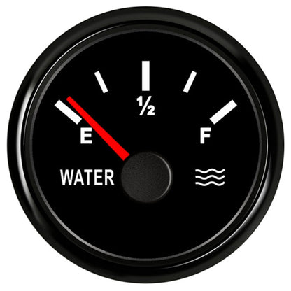 Water level gauge with black face, red needle, E/F marks, WATER label, wavy water icon