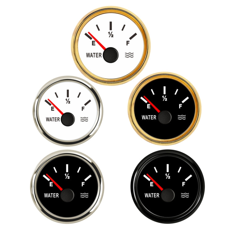 Set of water level gauges shown in gold, silver, white, and black bezels
