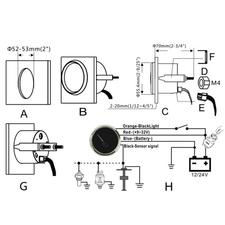 Water level gauge installation diagram with dimensions and wiring connections