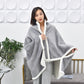Light grey flannel shawl blanket with embossed texture and white fleece trim