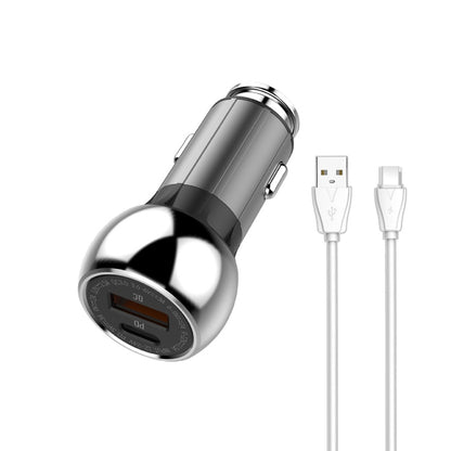 Car fast charger with USB-C and Micro USB cables, silver-gray and black body