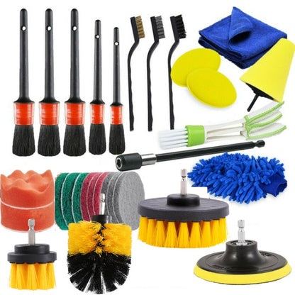 Car detailing cleaning brush set with drill heads, foam pads, microfiber cloth and glove