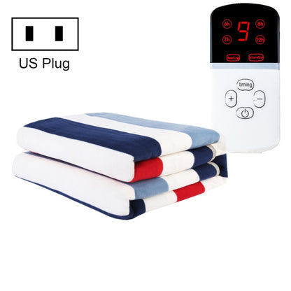 Electric blanket with blue, white, and red striped layers and US plug control unit