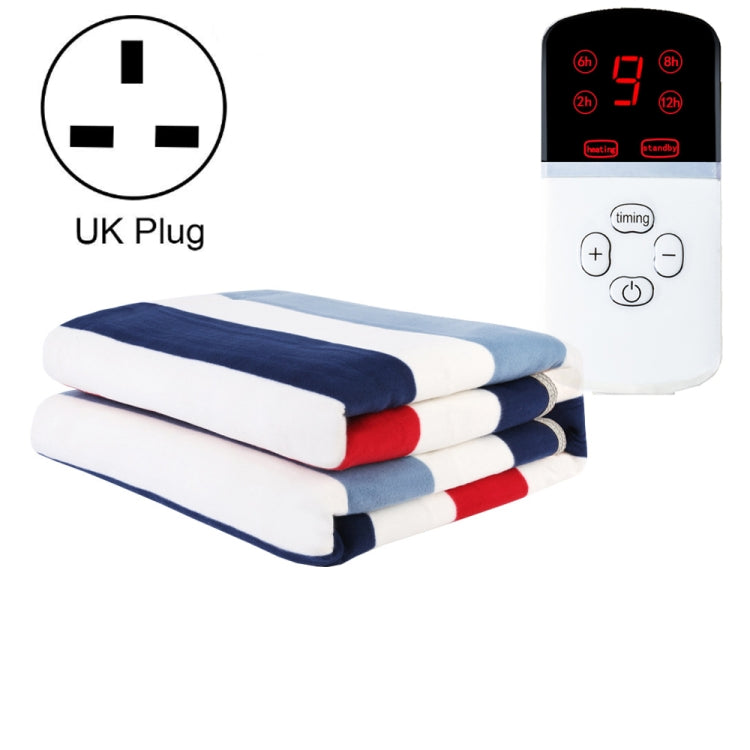 Electric blanket with blue, white, and red striped layers and UK plug control unit