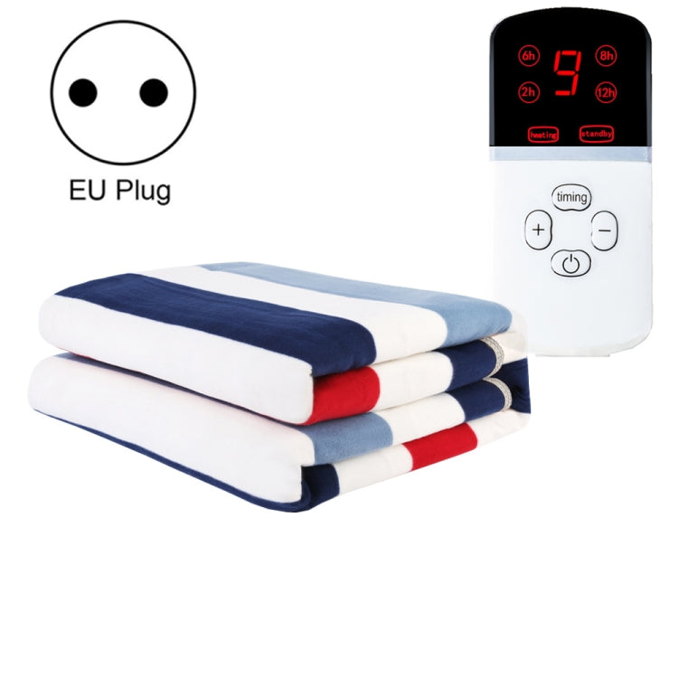 Electric blanket with blue and red striped layers and EU plug temperature control unit