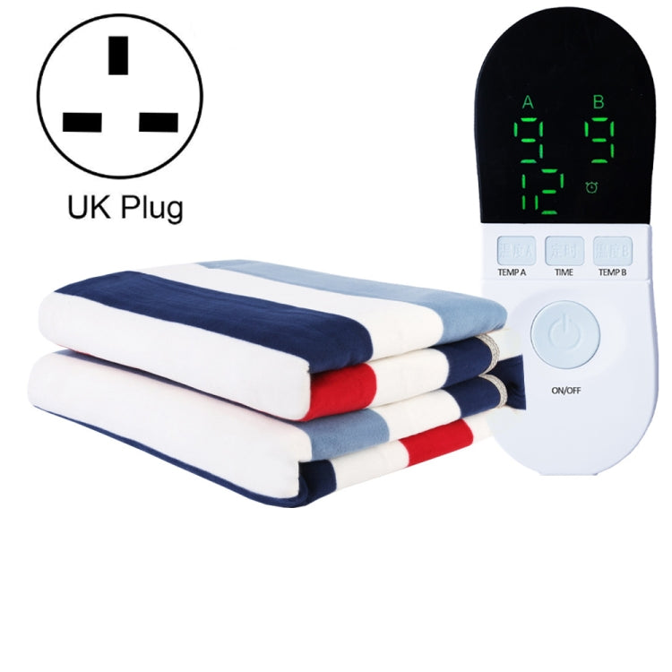 Electric blanket with blue, white, and red stripes and UK plug dual temperature displays