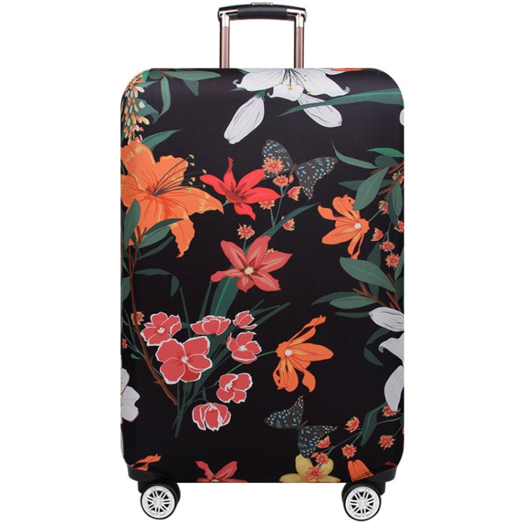 Suitcase dust cover, black with colorful floral and leaf pattern over front panel