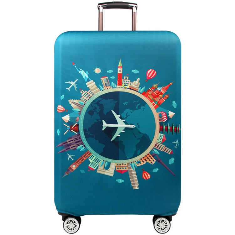Suitcase dust cover, teal with globe and airplane city illustration and wheeled corners