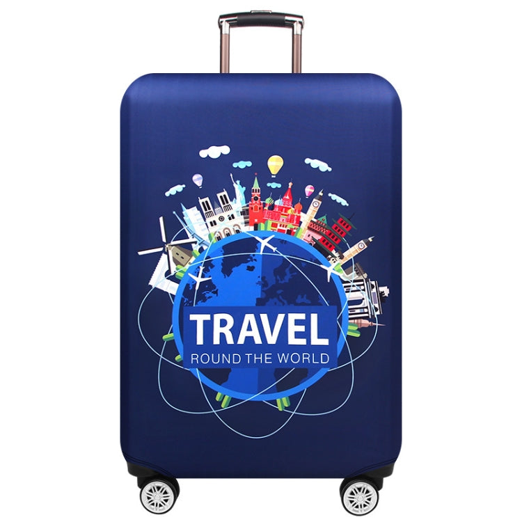 Suitcase dust cover, navy blue with globe graphic, travel text, and suitcase wheels