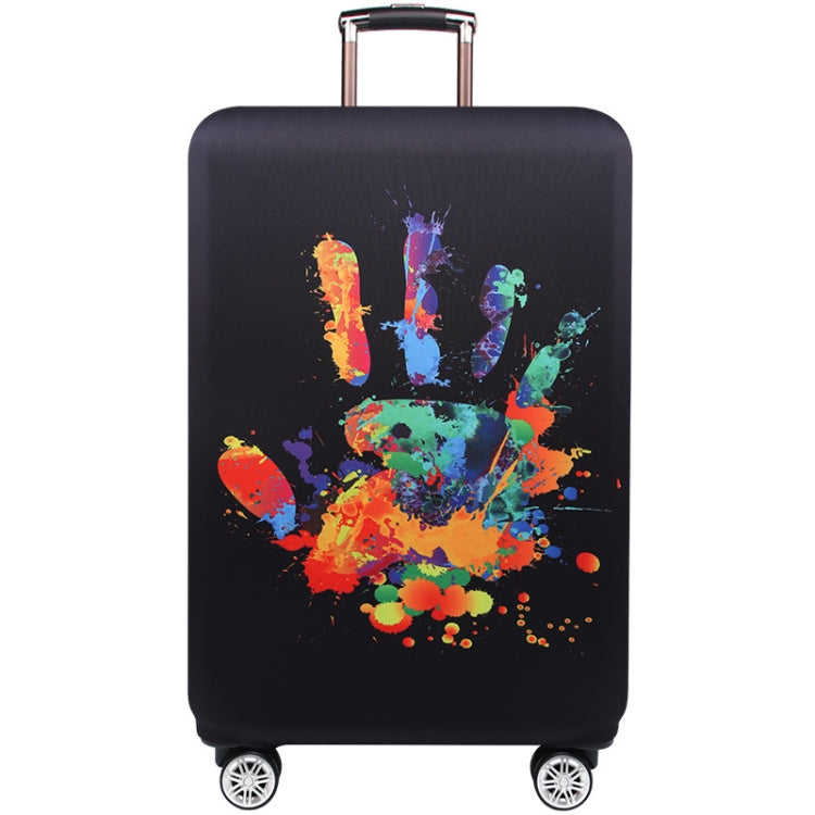 Suitcase dust cover, black with colorful paint-splash style letterform graphic