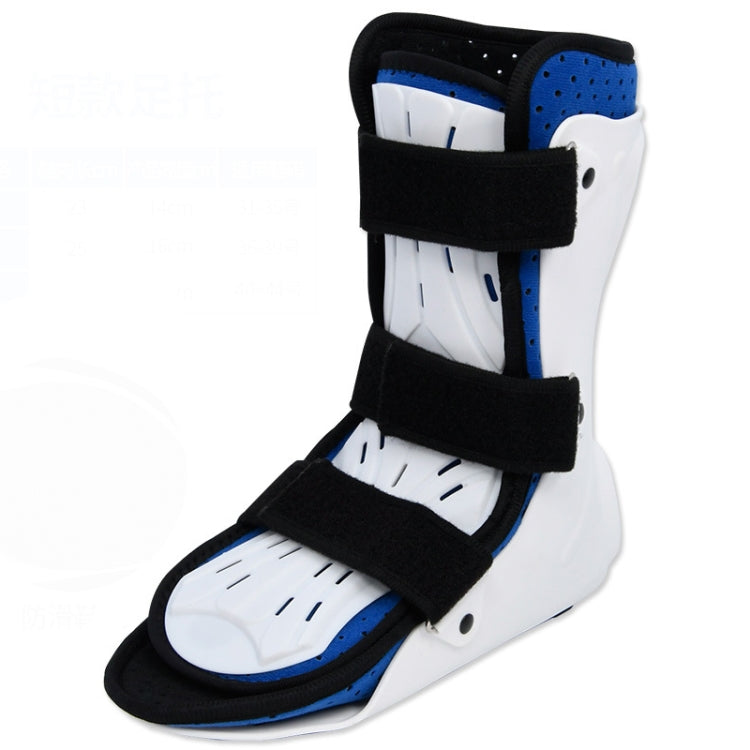 Angled view of white ankle brace boot with black straps and blue padded cuff, open toe