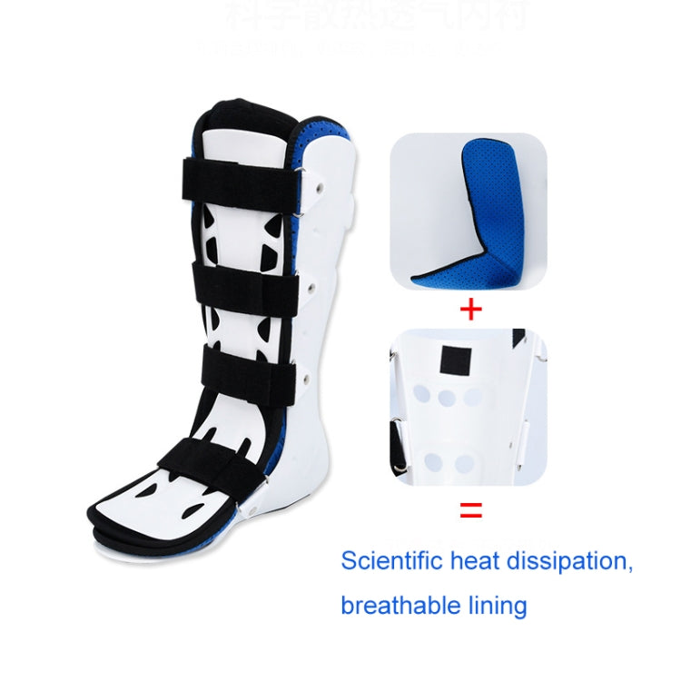 White ankle-foot brace with black straps, blue breathable lining panels diagram