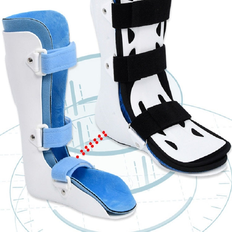 Ankle fixation brace with plaster-shoe support, blue and white, with adjustable straps