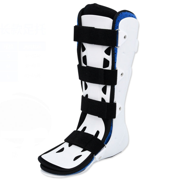 White foot fixation brace boot with black hook-and-loop straps, blue padded ankle support